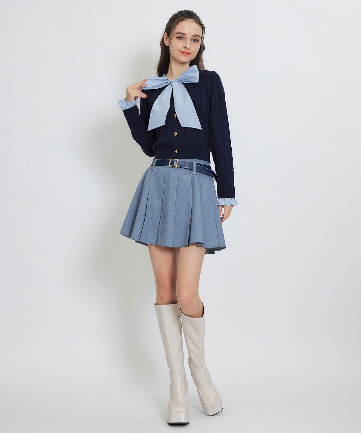 REDYAZEL「エンブレムボタンケーブルリボンタイニットトップス」|ニット・セーター|