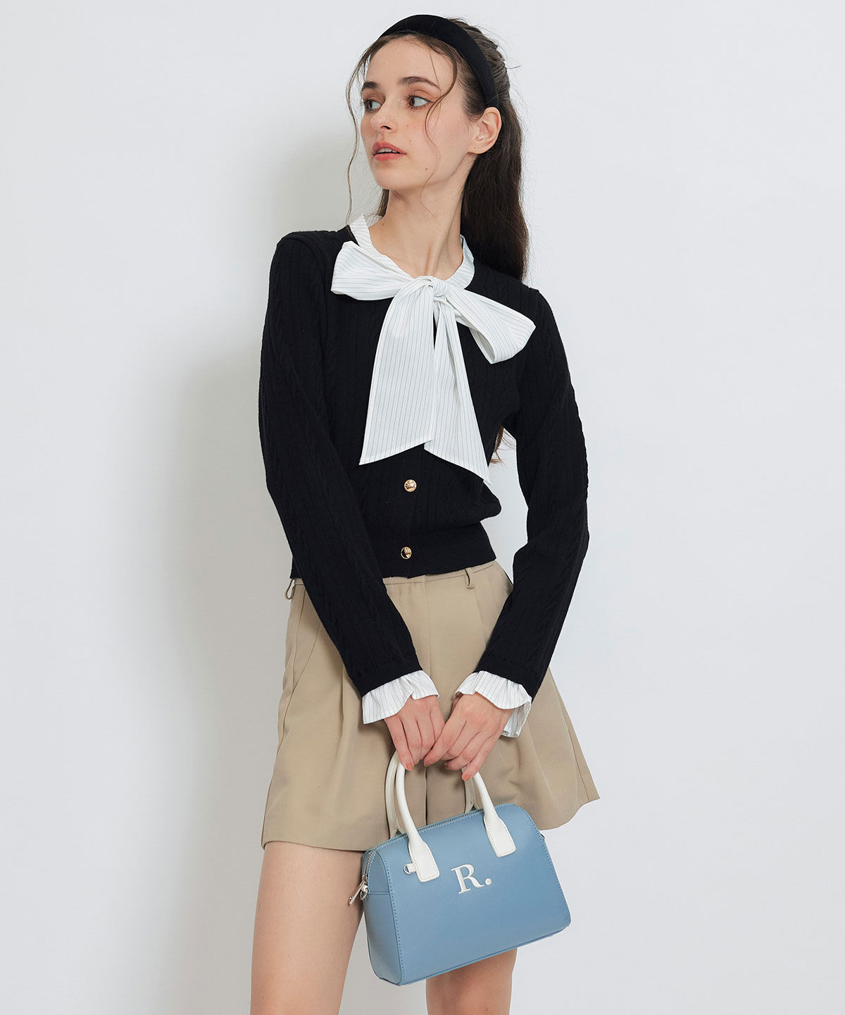 REDYAZEL「エンブレムボタンケーブルリボンタイニットトップス」|ニット・セーター|