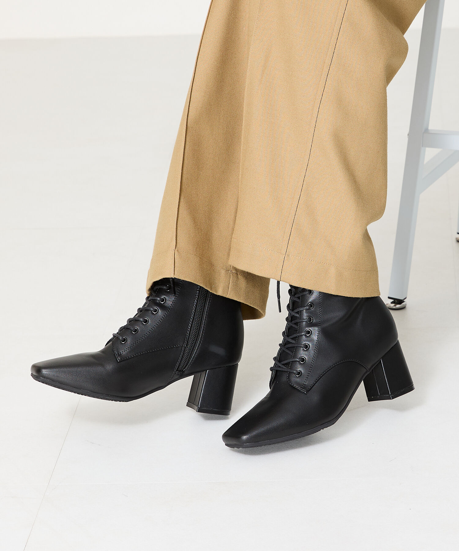 ORiental TRaffic「スクエアトゥ レースアップ ヒールブーツ /41428 袴ブーツ」|ショートブーツ|