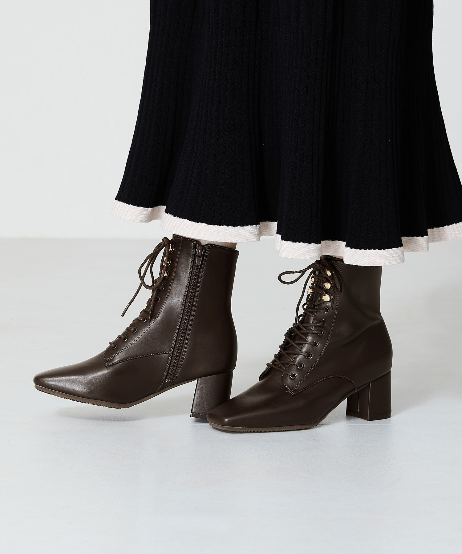 ORiental TRaffic「スクエアトゥ レースアップ ヒールブーツ /41428 袴ブーツ」|ショートブーツ|BROWN