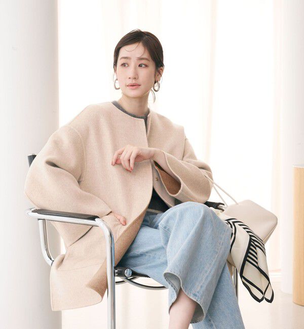 UNITED ARROWS「バイカラー リバー ミドルコート」|ノーカラーコート|