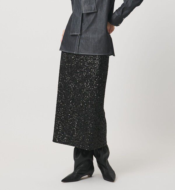UNITED ARROWS「スパンコール Iライン スカート」|タイト|BLACK