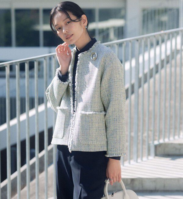 UNITED ARROWS green label relaxing「［size SHORTあり］ミックス ツイードライク ポケット ノーカラー ジャケット」|ノーカラージャケット|COBALT