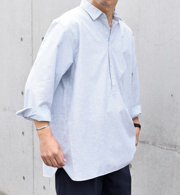 SHIPS any「SHIPS any: 〈洗濯機可能〉コットン / リネン ブルー ストライプ 7分袖 プルオーバーシャツ◇」|シャツ・ブラウス|