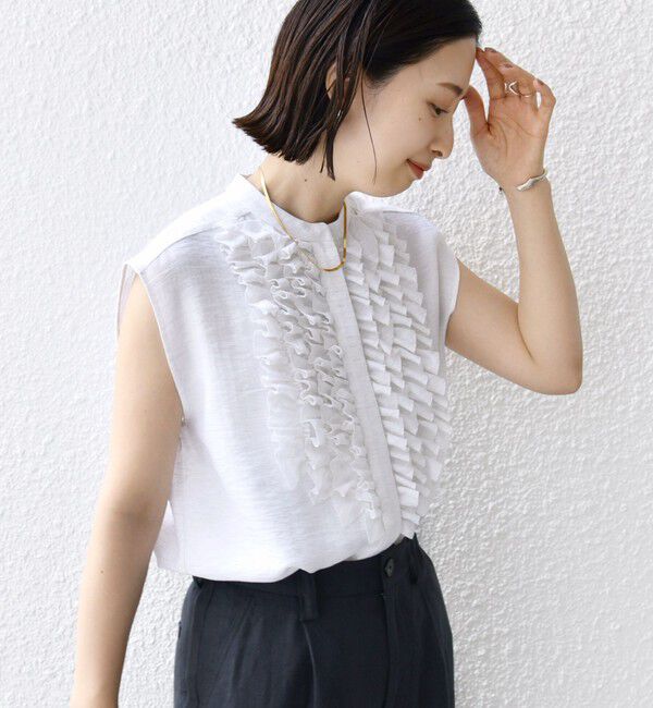 SHIPS for women「〈手洗い可能〉麻混 フロント フリル フレンチスリーブ ブラウス」|シャツ・ブラウス|