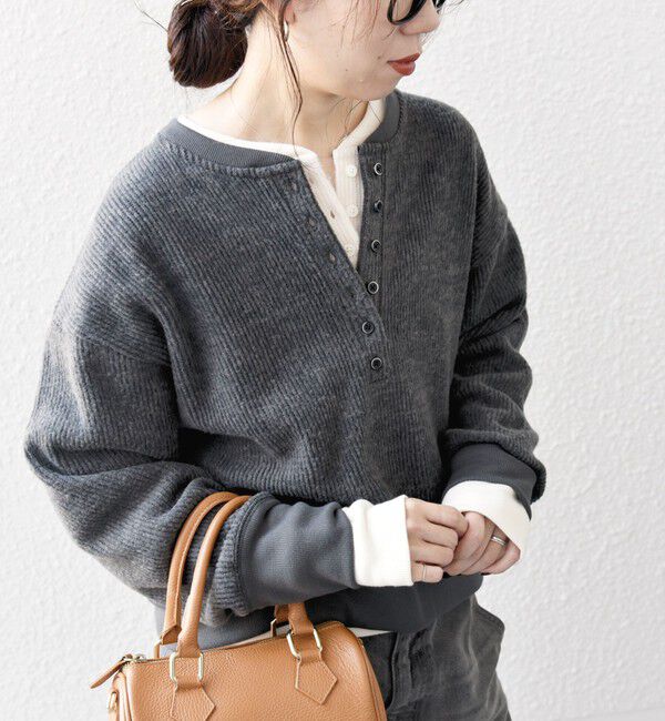 SHIPS any「SHIPS any:〈手洗い可能〉起毛 ワッフル ヘンリーネック コンパクト プルオーバー」|Tシャツ・カットソー|