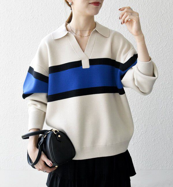 SHIPS any「SHIPS any:〈手洗い可能〉パネル ボーダー スキッパー ニット プルオーバー」|ニット・セーター|