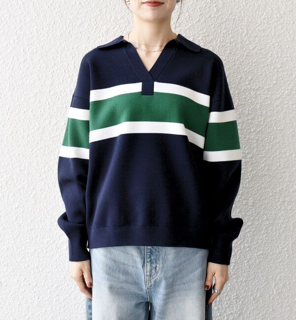 SHIPS any「SHIPS any:〈手洗い可能〉パネル ボーダー スキッパー ニット プルオーバー」|ニット・セーター|