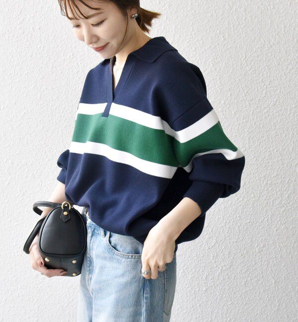 SHIPS any「SHIPS any:〈手洗い可能〉パネル ボーダー スキッパー ニット プルオーバー」|ニット・セーター|