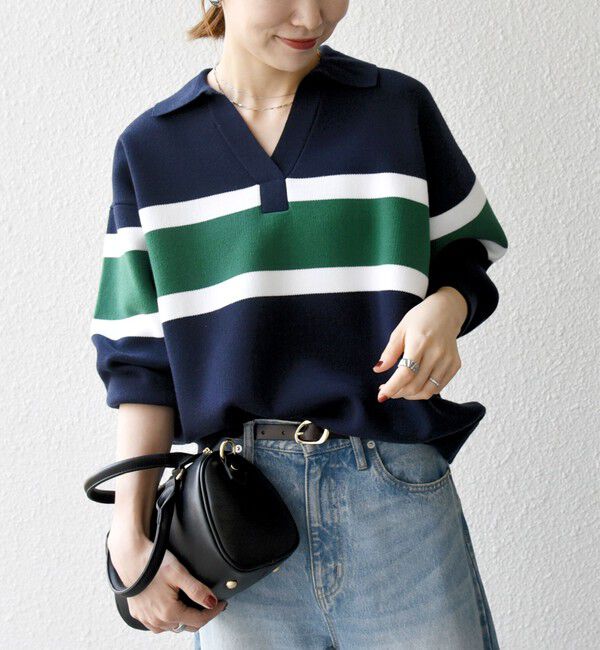 SHIPS any「SHIPS any:〈手洗い可能〉パネル ボーダー スキッパー ニット プルオーバー」|ニット・セーター|