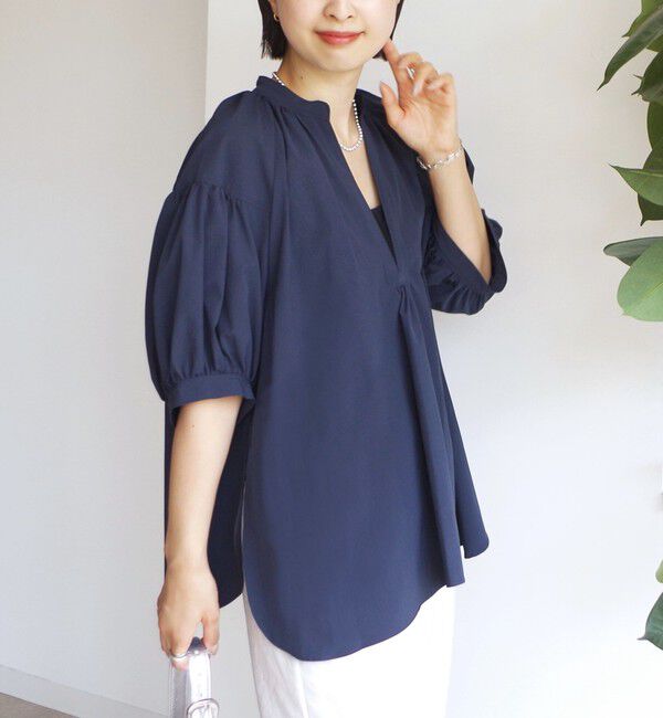 SHIPS for women「〈手洗い可能〉RENU ソフト タイプライター スキッパー 5分袖 ブラウス」|シャツ・ブラウス|ネイビー