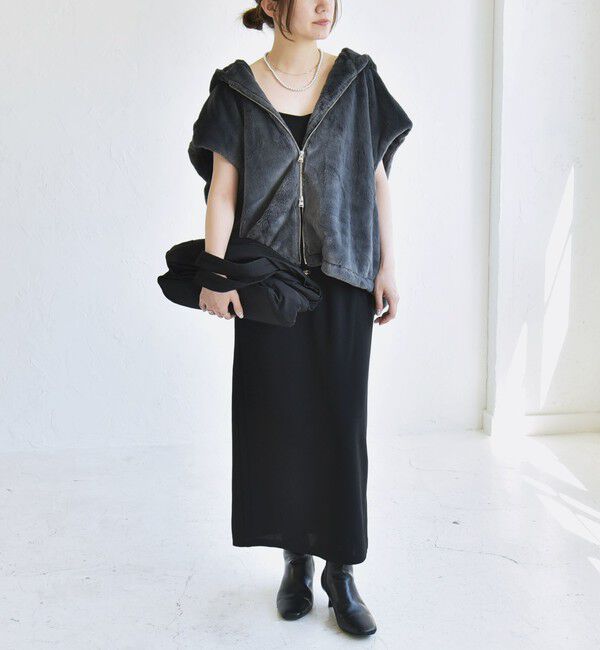 quaranciel「quaranciel: フーディー フェイクファー ドロスト ジップ ショート ベスト」|ダウンベスト・ベスト|