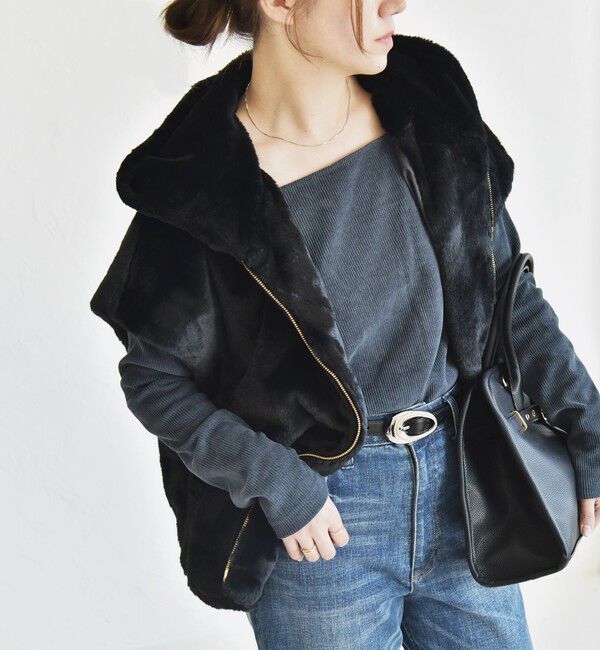 quaranciel「quaranciel: フーディー フェイクファー ドロスト ジップ ショート ベスト」|ダウンベスト・ベスト|