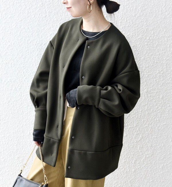 SHIPS any「【WEB限定】SHIPS any:〈洗濯機可能〉ダンボール コクーン ノーカラー コート」|ノーカラージャケット|オリーブ