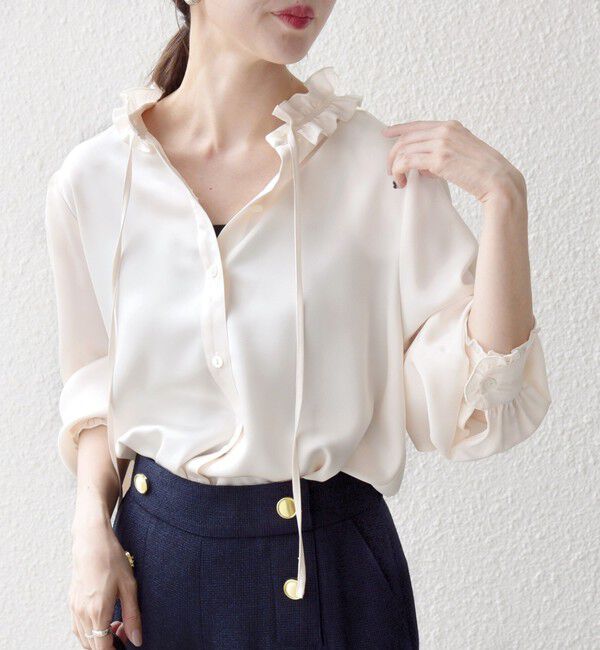 SHIPS any「《一部追加予約》SHIPS any:〈洗濯機可能〉サテン フリル カラー リボン シャツ ブラウス」|シャツ・ブラウス|