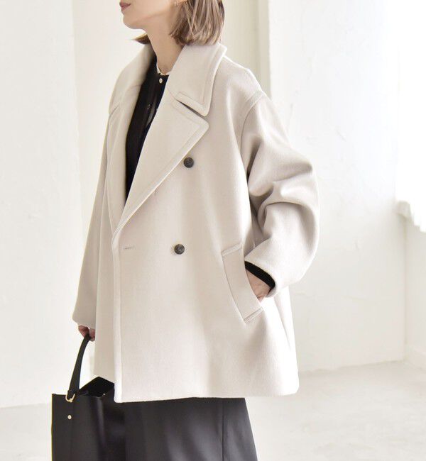 quaranciel「quaranciel: PURE WOOL ダブルブレスト テーラード ハーフ コート」|ピーコート|