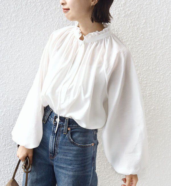 SHIPS for women「《一部追加予約》〈手洗い可能〉シアー タンブラー リボン デザイン 長袖 ブラウス」|シャツ・ブラウス|