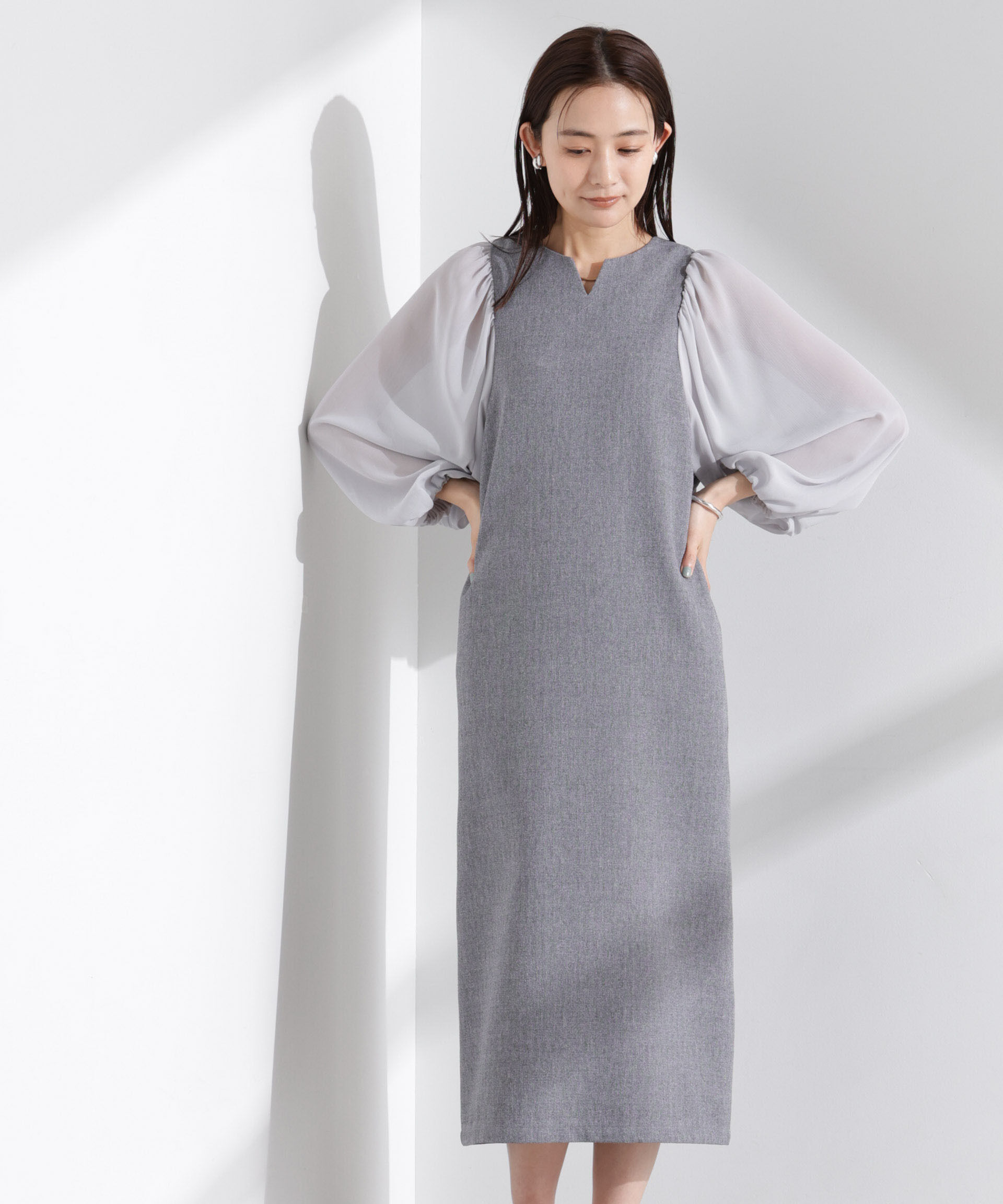 nano･universe「シアーボリュームスリーブコンビワンピース」|ワンピース|