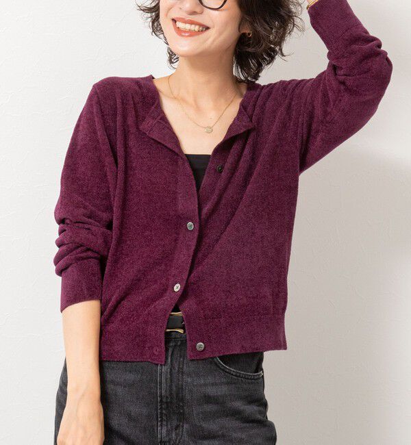 Rie Miller「《手洗い可能》《アンサンブル対応》モールヤーンクルーネックカーディガン」|カーディガン|ボルドー