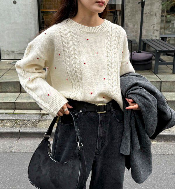 fredy emue「ハート刺繍柄編みニットプルオーバー」|ニット・セーター|