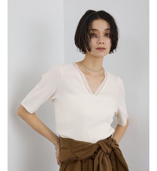 SALON adam et rope'「【Angie La La for SALON】GENTLE intimate レースVネックプルオーバー」|Tシャツ・カットソー|ホワイト(10)