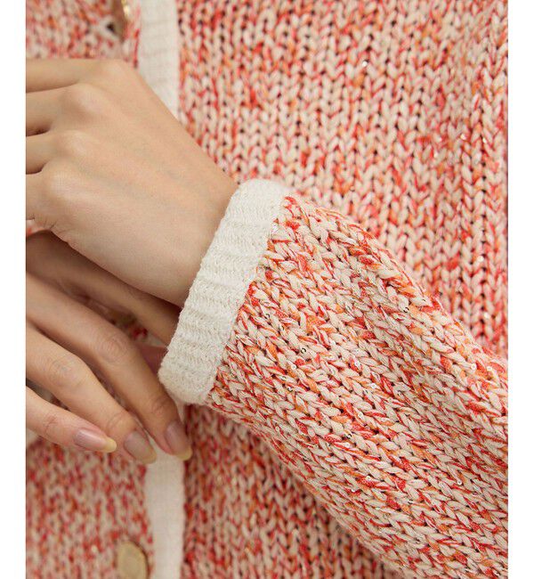 ROPE「スパンコールミックスノーカラーニットジャケット/洗える」|ノーカラージャケット|