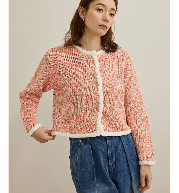 ROPE「スパンコールミックスノーカラーニットジャケット/洗える」|ノーカラージャケット|