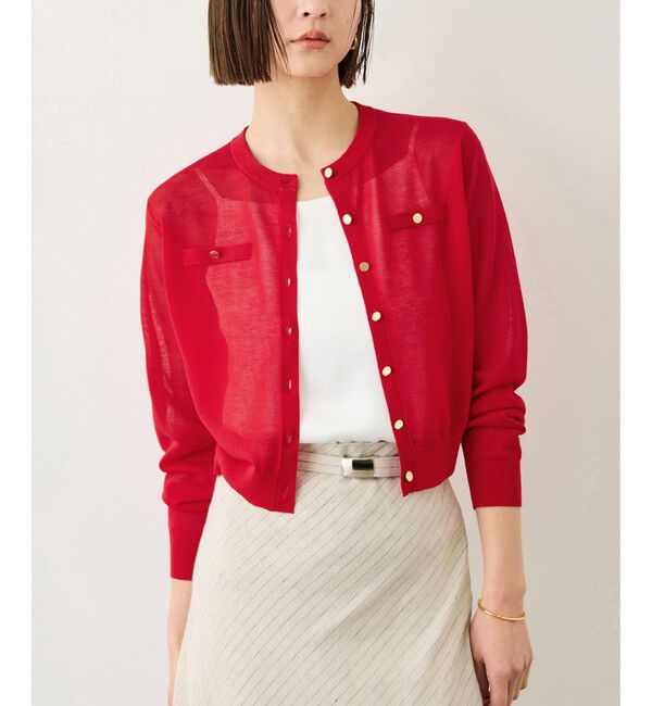 ROPE「LEVITA 金ボタンクルーネックシアーカーディガン/接触冷感・イージーケア」|カーディガン|レッド(60)