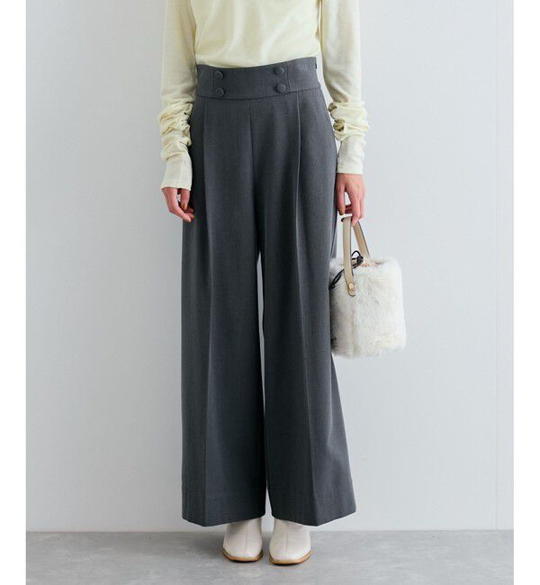 VIS「【美warm】ストレッチ釦付きワイドパンツ/スラックス【アンチピリング/防シワ/洗える】」|チノ|チャコール