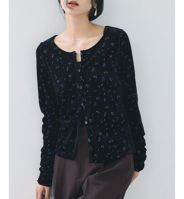 VIS「【2WAY】花柄＆無地アソート袖シャーリングベロアカーディガン」|カーディガン|ブラック系(02)
