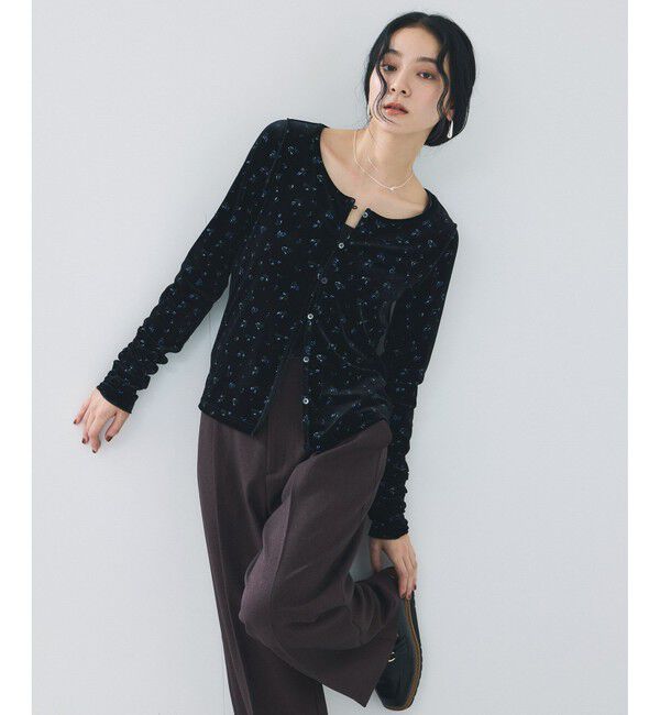 VIS「【2WAY】花柄＆無地アソート袖シャーリングベロアカーディガン」|カーディガン|