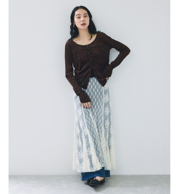 VIS「【2WAY】花柄＆無地アソート袖シャーリングベロアカーディガン」|カーディガン|