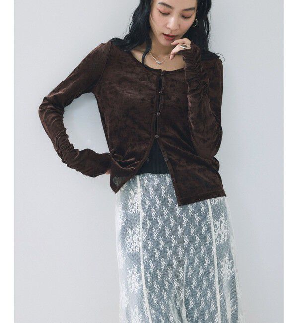 VIS「【2WAY】花柄＆無地アソート袖シャーリングベロアカーディガン」|カーディガン|