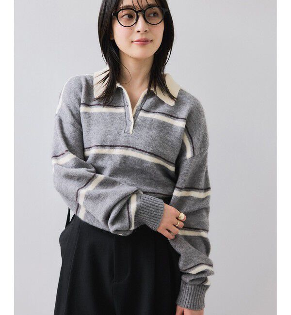 VIS「【WEB/一部店舗限定】ボーダー柄ポロニットプルオーバー」|ニット・セーター|ライトグレー(08)