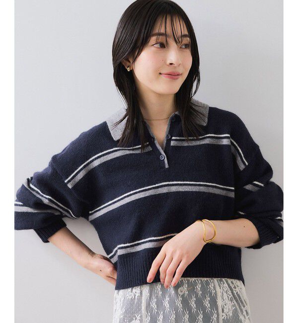 VIS「【WEB/一部店舗限定】ボーダー柄ポロニットプルオーバー」|ニット・セーター|