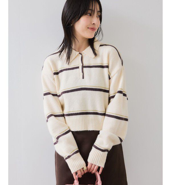 VIS「【WEB/一部店舗限定】ボーダー柄ポロニットプルオーバー」|ニット・セーター|
