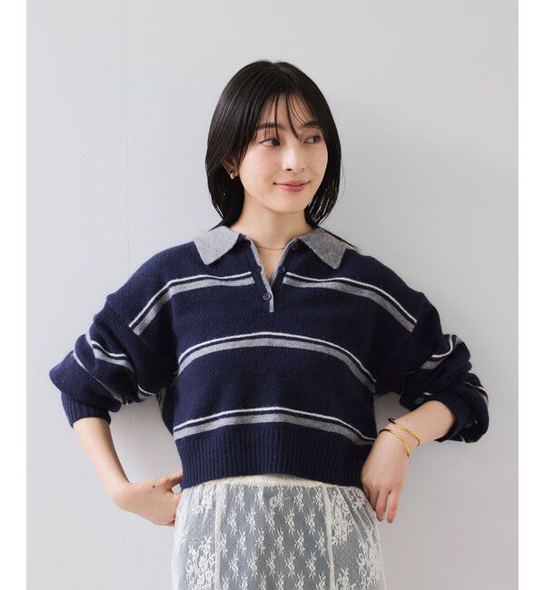 VIS「【WEB/一部店舗限定】ボーダー柄ポロニットプルオーバー」|ニット・セーター|ネイビー系(41)