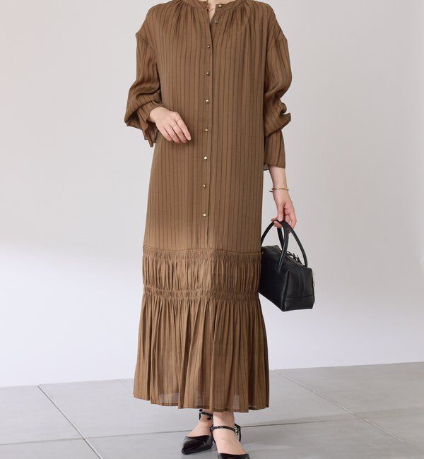  「袖シアーツイルストライプワンピース」|ワンピース|ベージュ