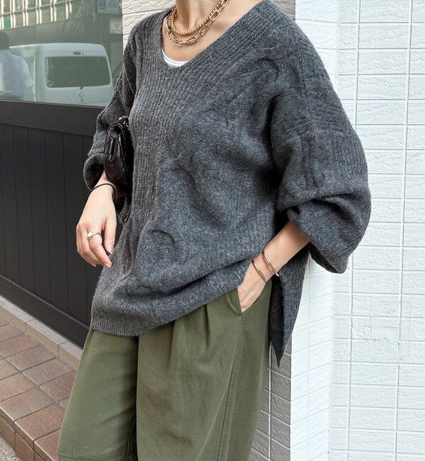 「ボリュームケーブルプルオーバー」|ニット・セーター|チャコールグレー