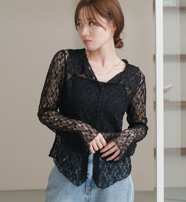  「【新色追加/S.Mサイズ展開】衿付きレースプルオーバー」|Tシャツ・カットソー|ブラック
