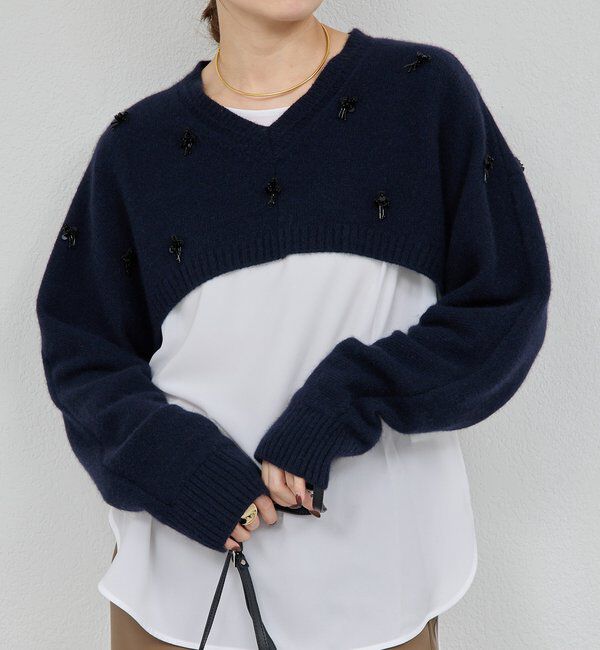  「【25th記念アイテム】ビジューショートVニット」|ニット・セーター|ネイビー