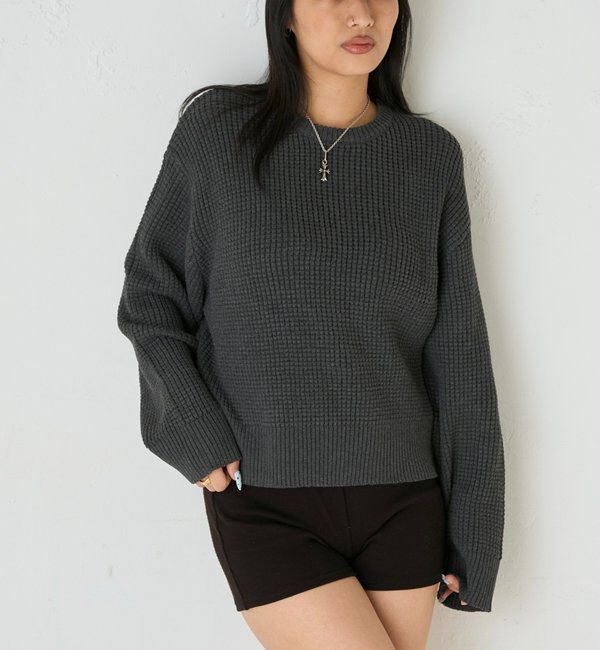  「KOOKYN ワッフル編みクルーニット」|ニット・セーター|グレー