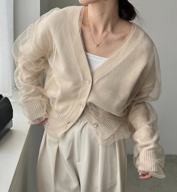  「【1枚で着映え】チュールレイヤードカーディガン」|カーディガン|