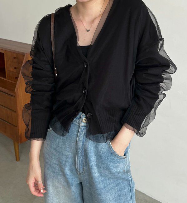  「【1枚で着映え】チュールレイヤードカーディガン」|カーディガン|