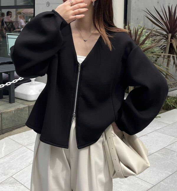  「【スタイルアップが叶う/伸縮性◎】ペプラムジップカーディガン」|Tシャツ・カットソー|ブラック