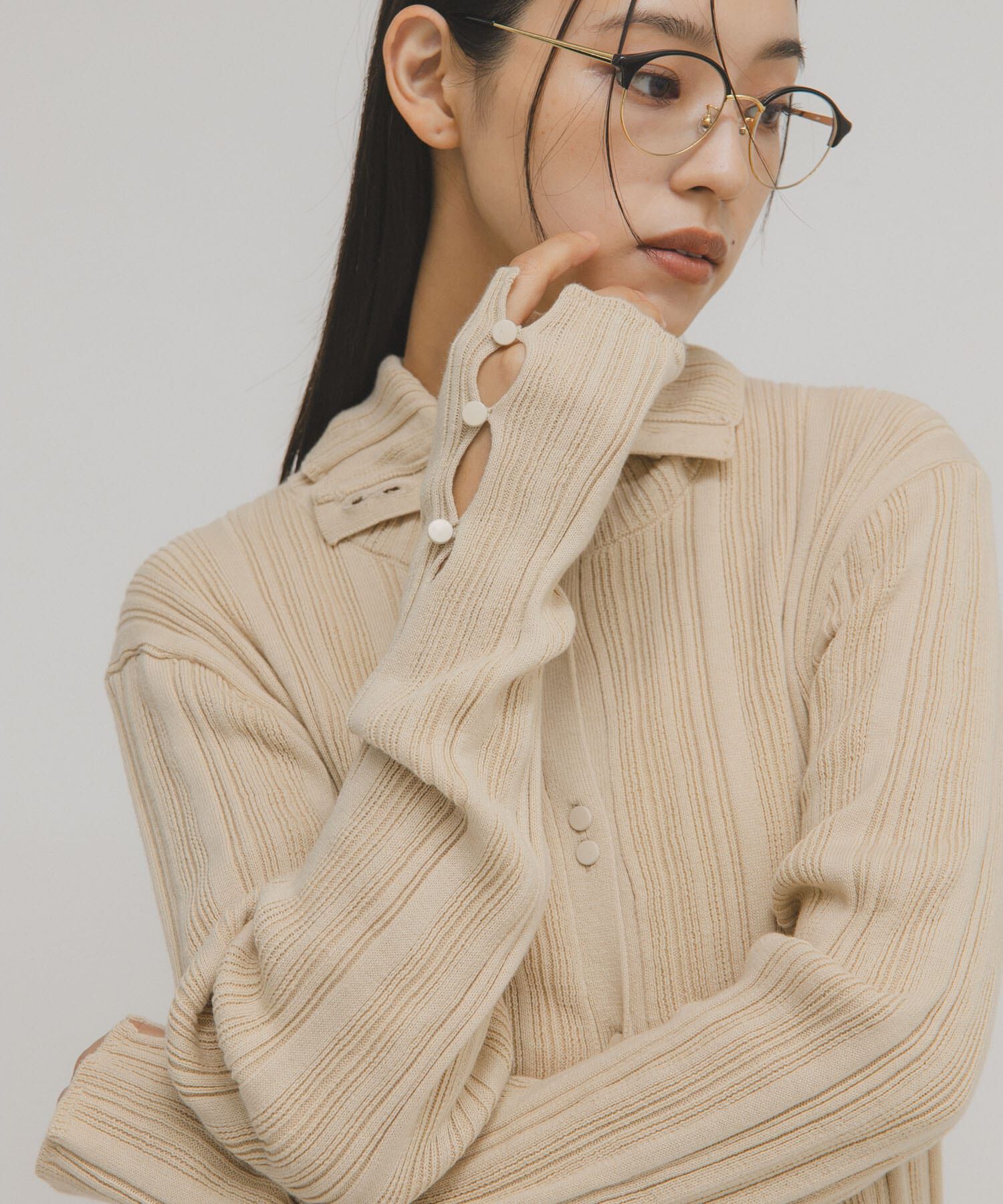  「ボタンアップランダムRIBニット」|ニット・セーター|