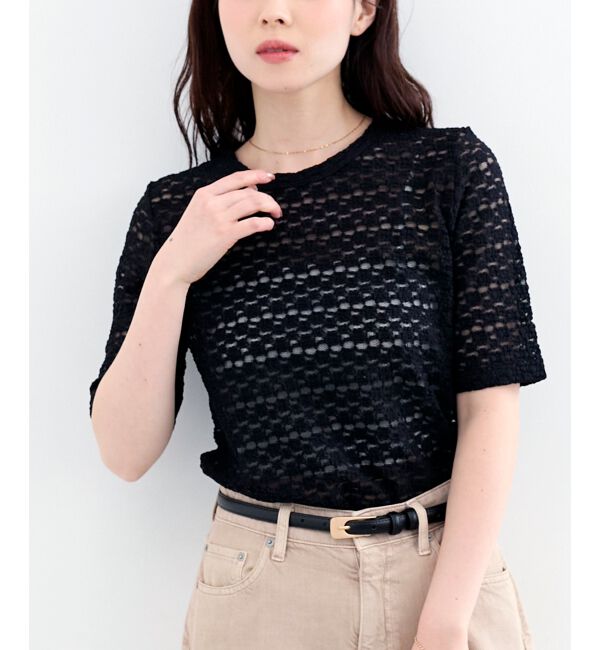  「《WEB限定アイテム》ストレッチレースハーフスリーブプルオーバー」|Tシャツ・カットソー|