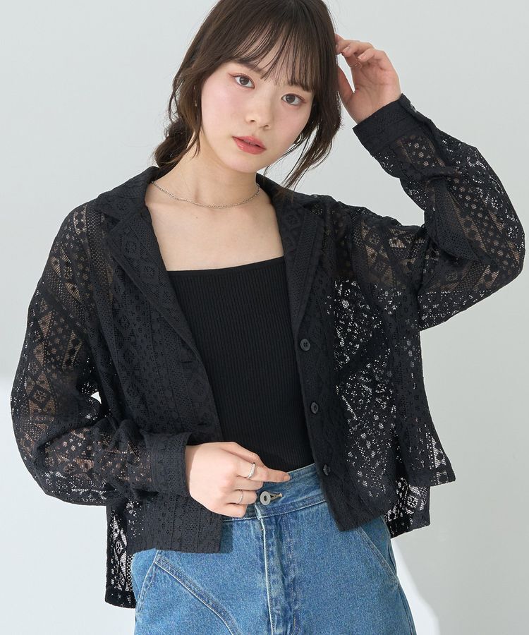 earth music&ecology「スパンコールレースショートシャツ」|シャツ・ブラウス|Black