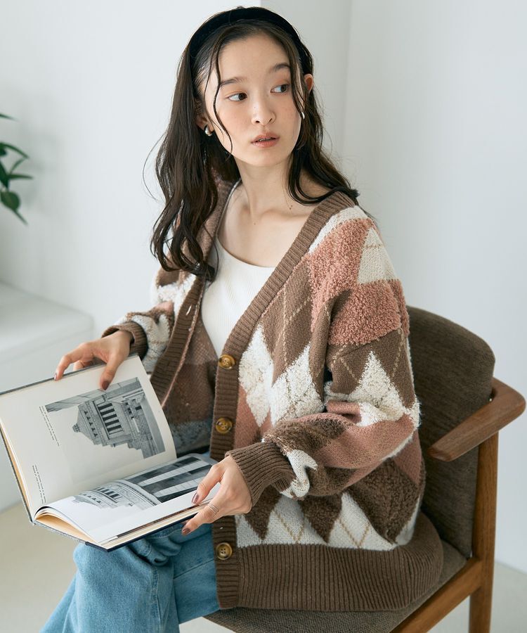 earth music&ecology「ループ編みアーガイルカーディガン」|カーディガン|