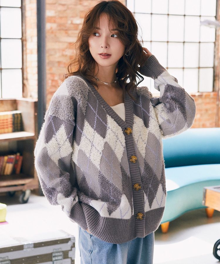 earth music&ecology「ループ編みアーガイルカーディガン」|カーディガン|